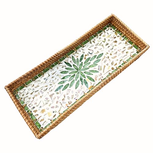 i-lan Rectangular Rattan Tray with Mother of Pearl Inlay，Rattan Bathroom Vanity Trays Long Narrow Toilet Tank Flat Basket,Decorative Hand Towel Storage Basket (Green Leaf)