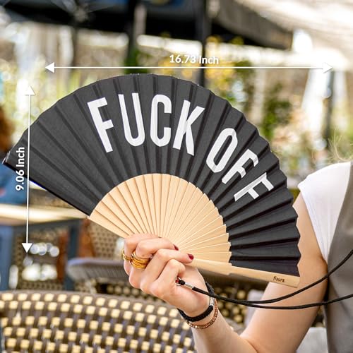 Fisura – Original Folding Fan with Bold Message “F*ck Off”. Wooden Handheld Fan for Women. Lightweight Accessory for Raves, Weddings, Festivals, Parties, Birthdays and Unique Gift Ideas. - color: Off, Black