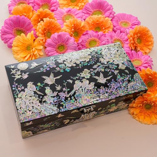 February Mountain Mother of Pearl Jewelry Box with Removable Ring Tray - Gifts for Women Birthday Wedding Christmas - style: Birds