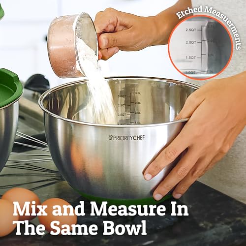 Priority Chef Premium Mixing Bowls With Airtight Lids Set, Thicker Stainless Steel Mixing Bowl Set, Large Prep Metal Bowls with Lids, Nesting Bowls for Kitchen, 1.5/2/3/4/5 Qrt, Green - color: Green