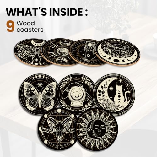 ANATTASOUL Moon Phases Magic Wooden Coasters Set of 9 Bulk(3.9") - style: Moon Phases Magic
