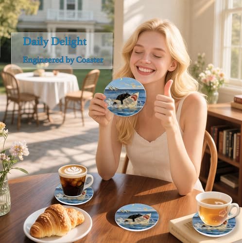 Nikyi 6 Pcs Funny Cat Shark Ceramic Drink Coasters, Absorbent Round Coaster with Cork Base & Metal Holder, Ocean Blue Coasters Perfect for Coffee Table Office Home Decor & Housewarming Gifts - color: Funny Black Cat and Shark