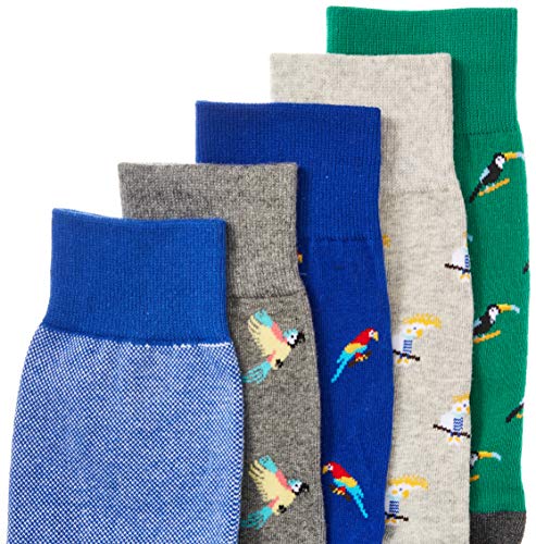 Amazon Essentials Men's Patterned Cotton Dress Crew Socks, 5 Pairs - color: Tropical Birds Pack, size: 8-12