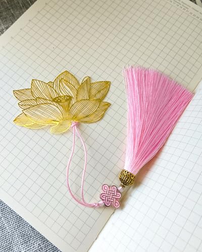 Lotus Bookmark Metal for Women Reading with Pink Tassels Chinese Book Mark - color: Pink