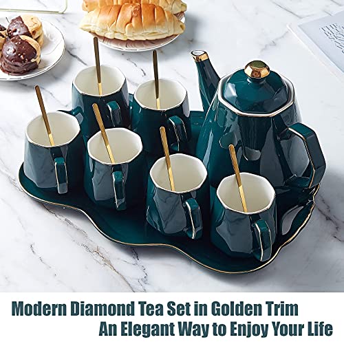 DUJUST 14 pcs Tea Set of 6 with Tray & Spoons, Modern Diamond Design Tea/Coffee Cup Set with Golden Trim, Chic Porcelain Living Room Decor, Fine-China Teapot Party Set, Gift Package - Green - color: green: 14pcs tea set