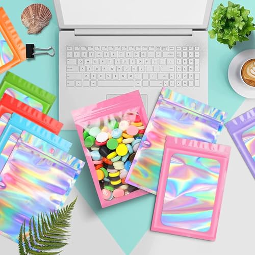 Funfery 100pcs Mylar Holographic Bags-Resealable Zipper&Clear Window - color: Holographic, size: 3.1 x 5.1 Inch