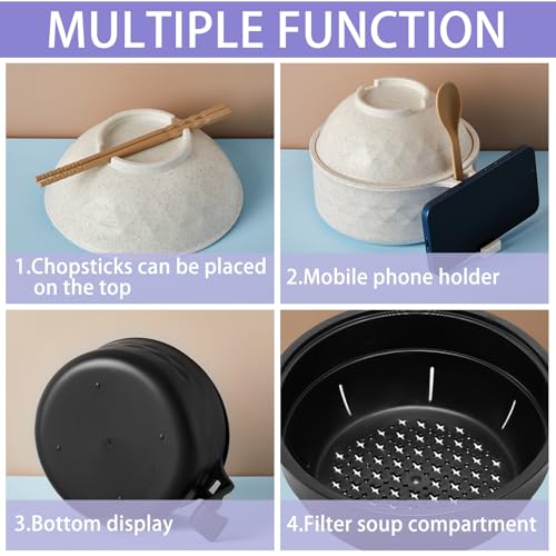 2 Sets Microwave Ramen Cooker Bowl Set with Spoon Chopsticks Fork Wheat Fiber Instant Noodle Bowl with Handles Ramen Kit for College Dorm Room Apartment Essentials - color: Black, Beige
