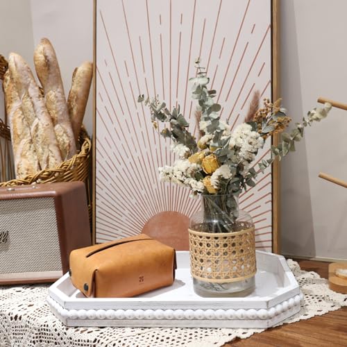 Hrastany Whitewashed Wood Serving Tray with Beads, Farmhouse Decorative Tray for Table Centerpiece, Christmas Wedding Halloween Home Decor - color: Whitewashed-c8, size: 15.7" x 10.2" x 1.6"
