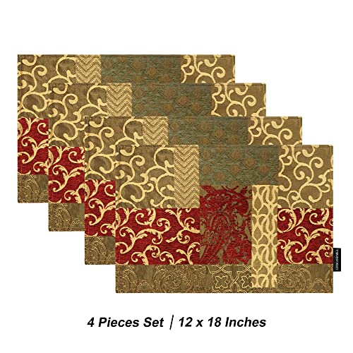 Loom and Mill Damask Patchwork Table Placemats Set of 4, Red Gold, 12x18in - color: Red Gold, size: 4 Piece-12x18 inch
