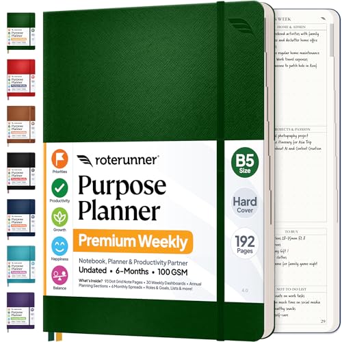 Roterunner Purpose Planner Notebook B5 7.5”x9.8” Undated 2026 Daily Weekly and Monthly Productivity Goal Setting Tool for Work Home ADHD Planner for Adults Self Care Journal - color: Green, style: B5 Hardcover