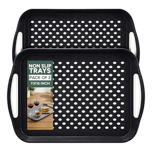 Zuvo Anti-Slip Food Serving Tray with Handles (Set of 2) – BPA-Free Plastic, Lightweight & Durable – Non-Slip Couch Trays for Eating & Drinks (Black) - color: Black