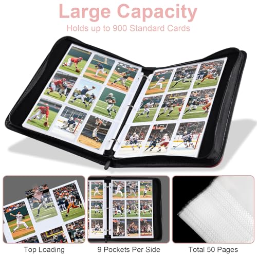 50 Pack 9 Pocket Card Binder, 3 Ring Premium Zip Trading Card Binder, 900 Large Capacity Top Loading Card Storage Album, PU Card Collection Binder for TCG, MTG, Baseball Hockey Sport Cards, Pink - color: Pink