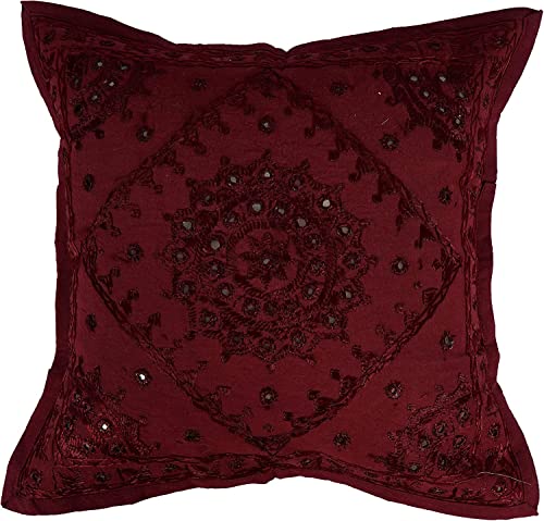 Home Furnishing Decorative Heavy Handmade Embroidered and Mirror Work Indian Cotton Maroon Throw Pillow Cushion Covers (Size : 16 X 16 Color : Maroon) - color: Maroon, size: 16" x 16" (Pack of 1)