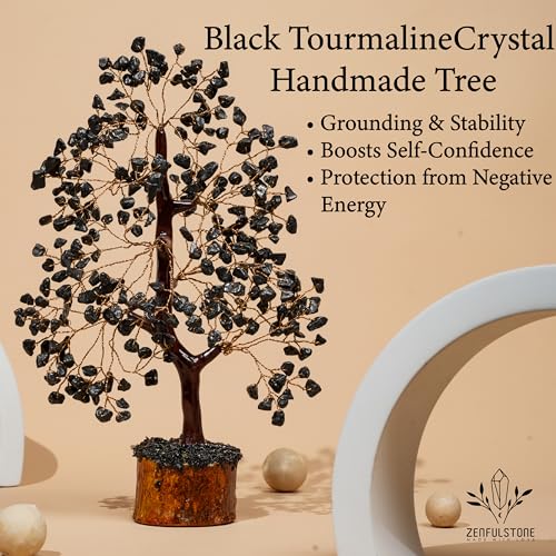 ZENFULSTONE Black Tourmaline Crystal Tree for Protection & Grounding from Negative Energy as Home & Office Decore | Handmade Bonsai for Protection | Perfect Cleansing Energy Gift for Mom & Dad - color: Black Tourmaline Golden Wire