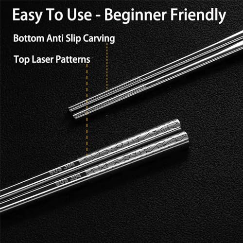 Stainless Steel Chopsticks Reusable, 5 Pairs, Silver Crack Pattern