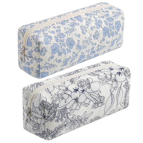 Cute Floral Cotton Makeup Brush Cosmetic Bag for Women, Travel Quilted Zipper Make Up Bag, Flowers Toiletry Organizer Case Kawaii Makeup Cosmetic Travel Cloth Pouch (Blue+Navy Blue) - color: Two Pack: (Blue Floral+Navy Blue Flower)