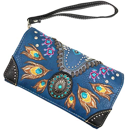 Zelris Turquoise Concho Peacock Feather Women Crossbody Wrist Trifold Wallet - color: Royal Blue