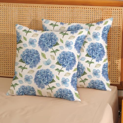 Spring Floral Pillow Covers 18x18 Pack of 2 Blue Hydrangea Flower Throw Pillow Covers Decoration,Summer Holiday Decor Pillowcase Rustic Farmhouse Linen Cushion Case for Home Sofa Couch Outdoor - color: Blue Hydrangea, size: 18" x 18" (Pack of 2)