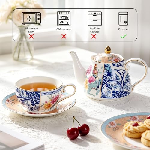 KAMMAK Tea for One Set, Ceramic Teapot, Bone China Tea Set, Cup and Saucer - color: Blue-GH11