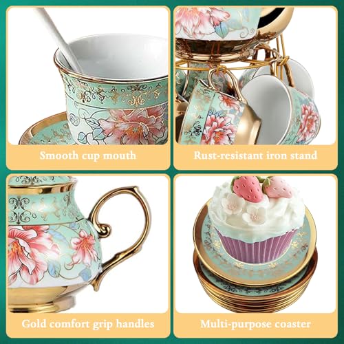 20Pcs Porcelain Tea Set with Metal Stand,European Vintage Tea Set for Adult - color: Green