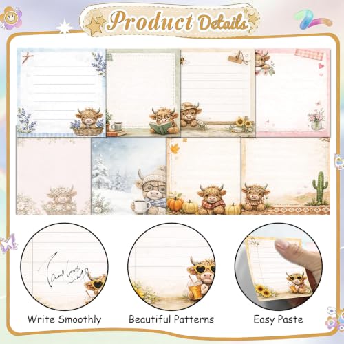 Highland Cow Gift Sticky Notes - 9 PCS Different Season to Do List Memo Cute Animal Post It Notes Aesthetic Flower Notepads School Office Stationery Supplies for Women Cow Lover 3x3 Inches - style: Highland Cow
