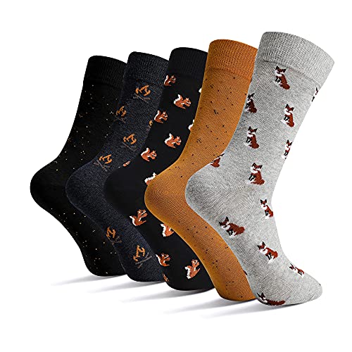 Mens Dress Socks, 5 Pair Combed Cotton Colorful Patterned Funny Crew Socks for Men Comfort - color: Squirrel