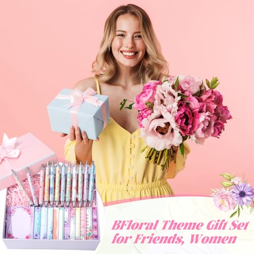 Dispowreath 24 Pcs Floral Sticky Notes with Pens Flowers Christmas Cute Gifts Notepads Memo Notes Pads Self Adhesive Black Ink Ballpoint Pen Office School Bulk Stocking Stuffers for Kids Adults - style: Floral