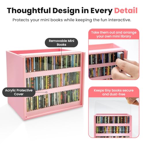 Pink Anxiety Bookshelf with 100 Mini Books, Cute Miniature Library Stress Relief Toy, Shaking Book Shelf Ornament, Bookmark Holder & Pencil Organizer, Aesthetic Room Decor, Gift for Bookish Her - color: Pink
