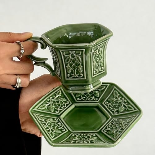 KAMMAK Tea Cups and Saucers Set of 2, 6 oz Porcelain Coffee Cups, SY004 - size: 8CZSY004
