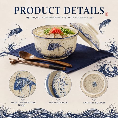 LemonRoad 25oz Ramen Bowls Set of 4 Japanese Dinnerware Set with Lid, Fish - style: Fish