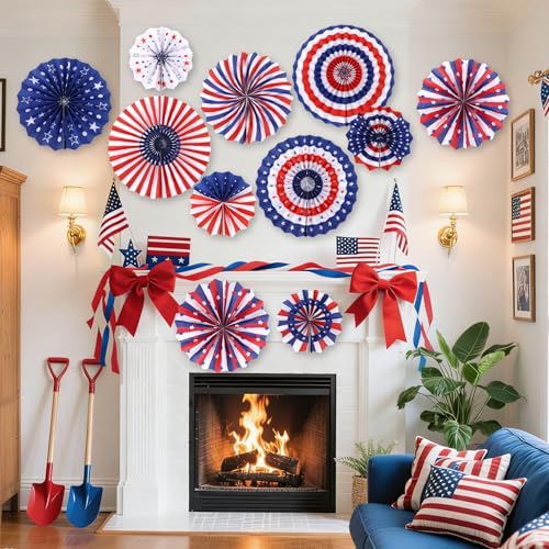 NOVWANG 12 Pack Patriotic Paper Fans 4th of July Hanging Fans Decorations - style: Patriotic