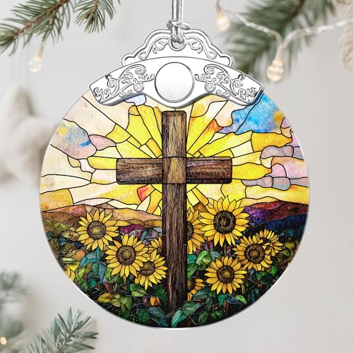Sunflower and Cross Ornament, Christian Christmas Ornament, Religious Christmas Decor, Christian Home Decor, Gifts for Christians, Religious Gifts, Baptism Gift, Easter & Xmas Gift - color: Cross Pattern F