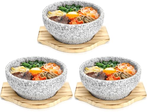 Dolsot Bibimbap Bowl, 27 Oz Korean Stone Bowls Cooking Pot with Wood Tray, Granite Stone Bowl Sizzling Hot Pot for Korean Restaurants, Soup, Rice, Stew (Pack of 3) - size: Medium (Pack of 3)