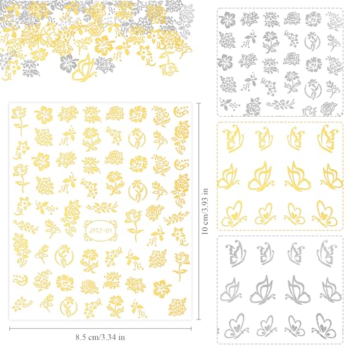 5 Boxes Gold Silver 3D Metal Punk Studs Star Moon Heart Triangle Ring Square Rivet Gems Nail Art Jewels and 4 Sheets Nail Stickers with a Curved Tweezers and a Nail Brush (Gold & Silver) - color: 3-gold & silver