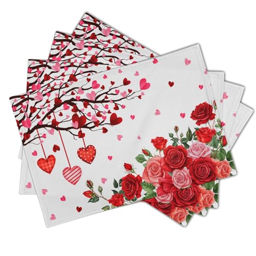 Giwawa Valentine's Day Placemats, Romantic Love Hearts Tree Branches Rose Floral Table Mat, Heat Stain Resistant Linen Place Mats for Kitchen Dining Wedding Anniversary Decor, 12"x18", Set of 4 - color: Heart Flower