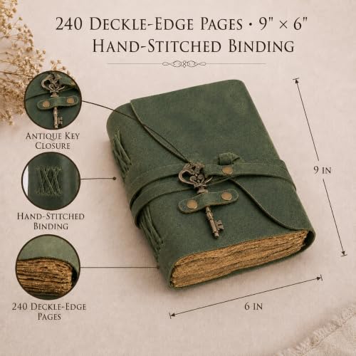 NomadCraftsCo Vintage Leather Journal, Handmade Deckle Edge Paper 240 Pages - color: Green, size: 9" x 6"