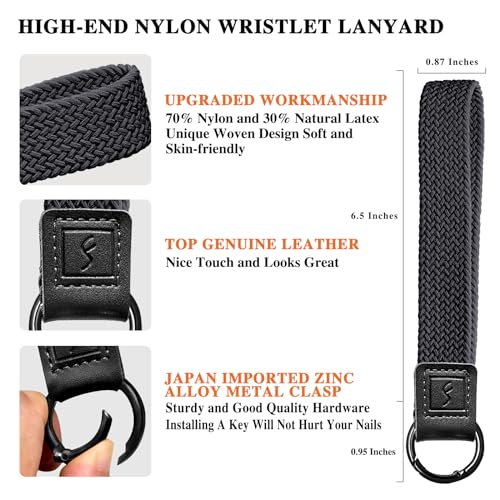 Fishent Stretchy Key Chain, Cute Keychain Wristlet, Upgraded Woven Wrist Lanyard for Keys, Key Chains for Women Men Car Keys ID Badges Card Wallet Phone, Black - color: Black