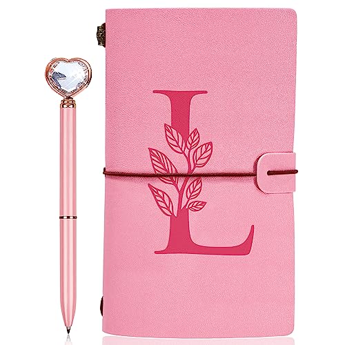 Personalized Journal Gift-Pink Initial Leather Journal+Heart Diamond Pen Set,Travel Notebook Diary Gifts,Refillable Notepads,Christmas,Birthday Gifts for Women Girls (7.9"x4.7") (L) - style: L