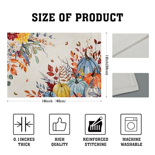 Giwawa Fall Thanksgiving Placemats Set of 4 Watercolor Autumn Pumpkins Floral Linen Table Mats 12x18 Inch Washable Heat Resistance for Kitchen Dining Farmhouse Holiday Decor - color: Fall
