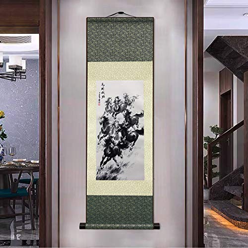 AtfArt Silk Scroll Painting, Asian Wall Art, Eight Racehorses, 36.2x12in - color: B3