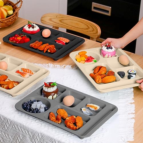 Pinkunn 12 Pcs 14'' Large Divided Plates Unbreakable Wheat Straw Lunch Trays 6 Compartments Cafeteria Trays Microwave Dishwasher Safe Food Separator Plates (Black, Dark Gray, Beige) - color: Black, Dark Gray, Beige