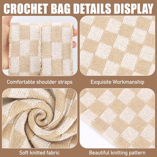 hatisan Crochet Bag for Women, Handmade Knit Beach Tote Bag Summer - color: Khaki Checkered-a