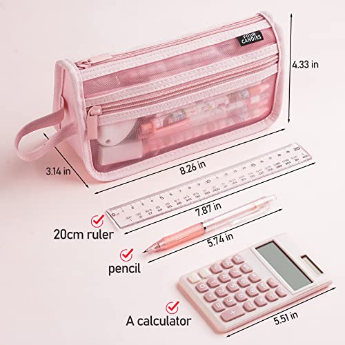Four Candies Grid Mesh Pencil Case, Clear Double-layer with Handle (Pink) - color: Pink