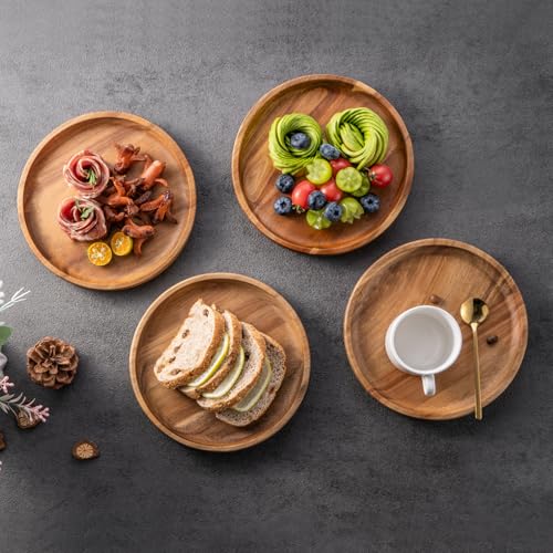 BF BILL.F SINCE 1983 Wooden Plates Round Dinner Plates 8 Inch Acacia Wood Serving Tray Wooden Serving Platters for Home Decor, Food, Vegetables, Fruit, Charcuterie, Appetizer Serving Tray (Set of 4) - color: 8 Inch Round 4pcs