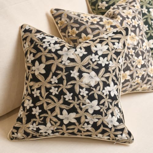Aeckself Neutral Floral Pillow Cover 18 x 18 Inch, Vintage Chenille Square Throw Pillow Cover Soft Home Decorative Farmhouse Accent Couch Pillow Cover for Living Room Bedroom, Black - color: Black, size: 18" x 18" (Pack of 1)