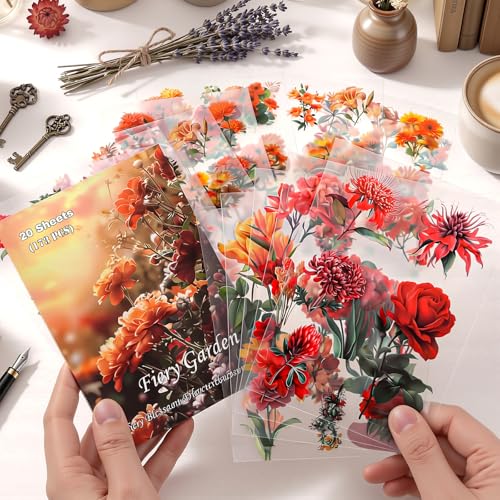 Clear PET 20 Sheets 173 Pcs Sticker Book, Fiery Sunset Botanical Floral Ephemera, Red Rose Stickers, Orange Tulip Embellishments, Seamless Junk Journaling Supplies - style: Fiery Garden