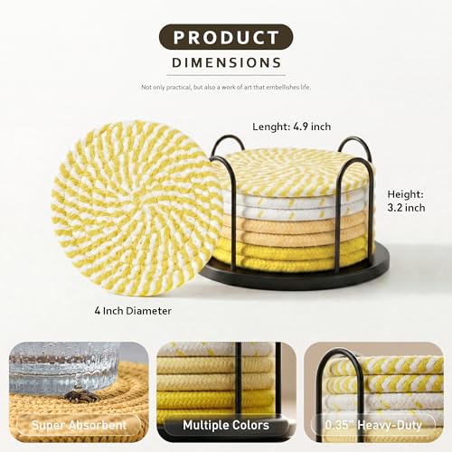 Lazebox Coasters Set of 8 for Drinks, 4 Inch Large Coasters for Coffee Table, Tabletop Protection for Hot & Cold Drinks, Versatile Coasters for Home Decor, Non-Slip & Easy to Clean - color: Yellow