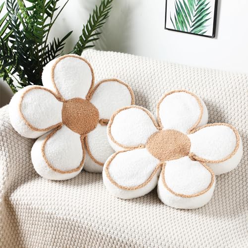 Menkxi 2 Pack Flower Pillows Cute Flower Shaped Pillows Daisy Pillow Throw Soft Floor Cushion for Living Room Bedroom Sofa Couch Winter Warm Decoration 15.7 Inch(White) - color: White
