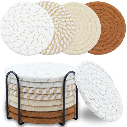 8 Pcs Drink Coasters with Holder, Minimalist Cotton Woven Coaster Set, 4 Colors Absorbent Coaster Protection Protection for Various Cups, Ideal for Coffee Tables and Home Decor Tabletop, 4.3 Inches - color: Brown