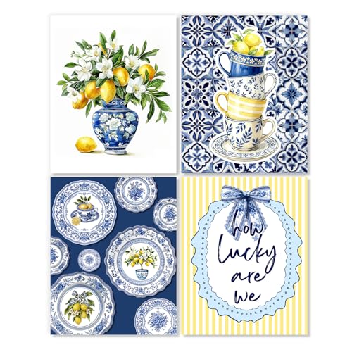 LUKIPOM Chinoiserie Lemon Summer Wall Art Posters Set of 4,Amalfi Coast Grandmillennial Home Decor,Blue and White Porcelain Lemon Tree Prints Artwork for Kitchen Wall Decor, 8x10 Unframed - color: Color 016